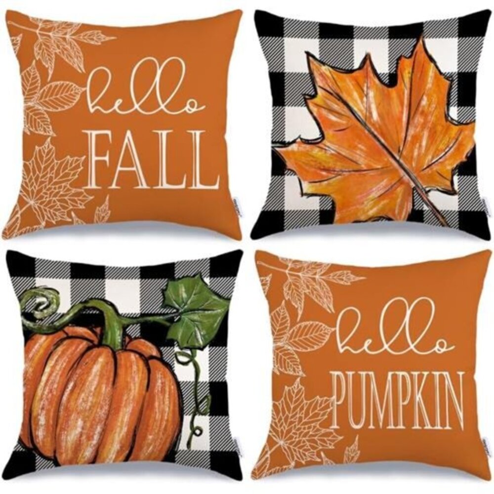 Set of 4 Fall Pillow Covers 18x18‎ - Buffalo Plaid, Pumpkin & Maple Leaves,